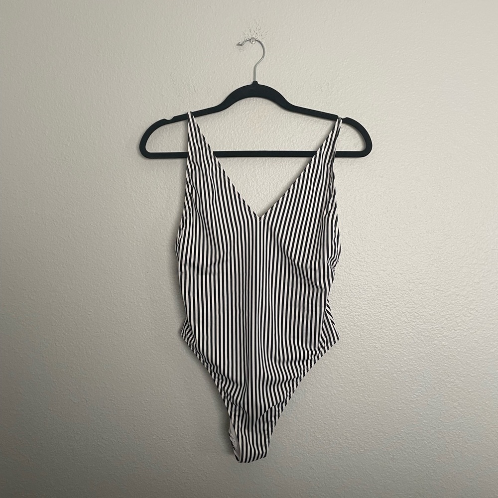 Black and white striped low back cheeky one piece bikini